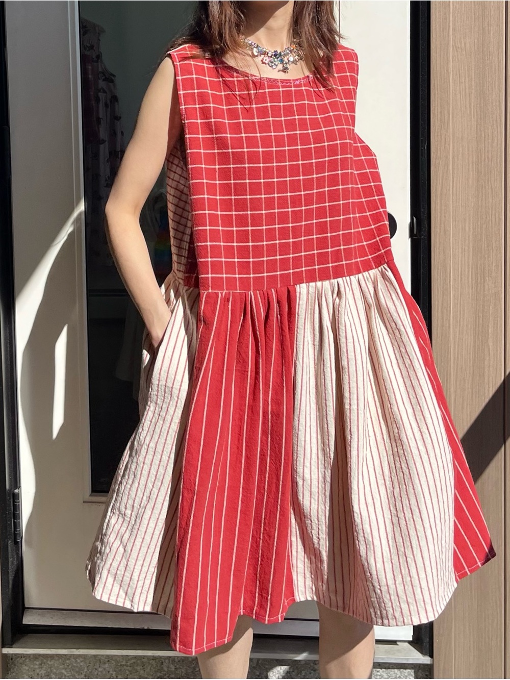 IKEA Textile Study | Handmade Checks & Stripes Patchwork Dress | SKU 09084